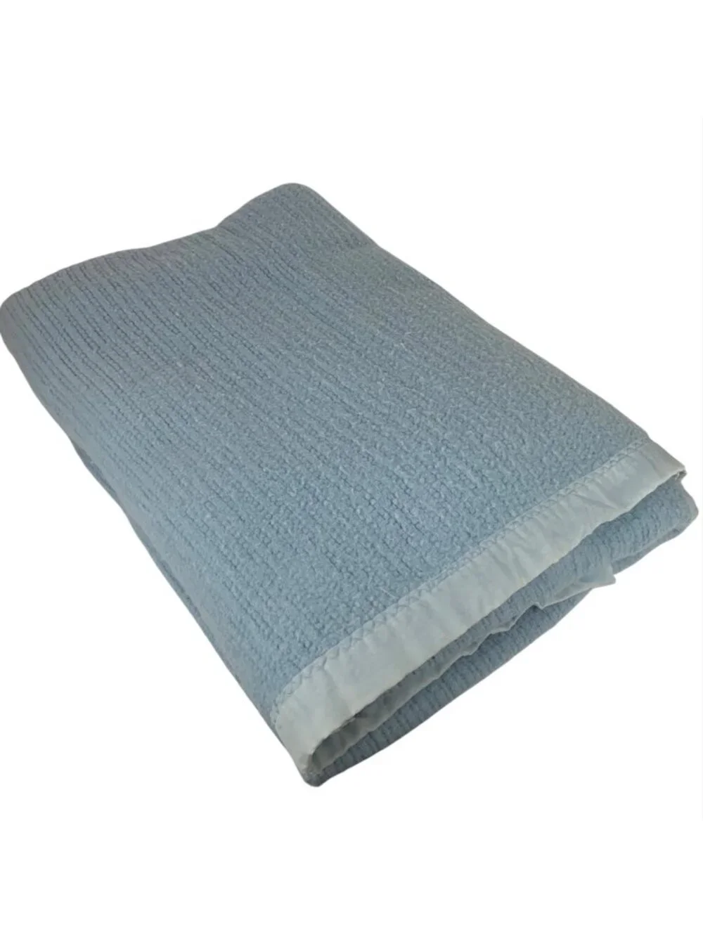 Vintage Beacon Blue Acrylic Waffle Weave Blanket Satin Trim King Size USA